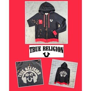 True Religion Jacket Women's Large Black Red Bleach‎ Splatter Distressed Logo